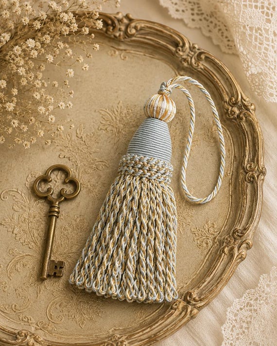 Decorative key tassels, key tassels, vintage style tassels, antique style tassels, furniture tassels, blue tassels, baby blue, light blue