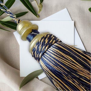 Decorative key tassels, key tassels, vintage style tassels, antique style tassels, furniture tassels, navy tassels, gold tassels, blue gold