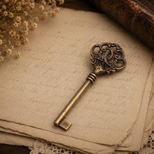 Può includere: Un'antica chiave in ottone con un design ornato e arrotolato è appoggiata su una pila di carta invecchiata. La testa della chiave presenta dettagli intricati e la carta ha una scritta sbiadita. Un libro d'epoca e fiori secchi sono sullo sfondo.