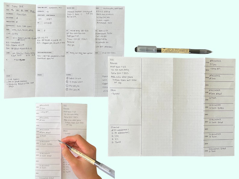 K&ouml;nnte beinhalten: Handschriftliche medizinische Notizen auf gefaltetem Papier, mit einem schwarzen Stift. Die Notizen enthalten medizinische Informationen, Patientendetails, Krankengeschichte und Behandlungspl&auml;ne. Das Papier ist wei&szlig; mit Rasterlinien.