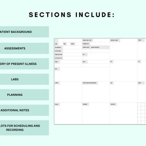 Sections include: patient background, assessments, history of present illness, labs, planning, notes, grid, time slots