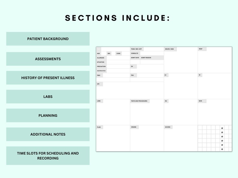 Sections include: patient background, assessments, history of present illness, labs, planning, notes, grid, time slots