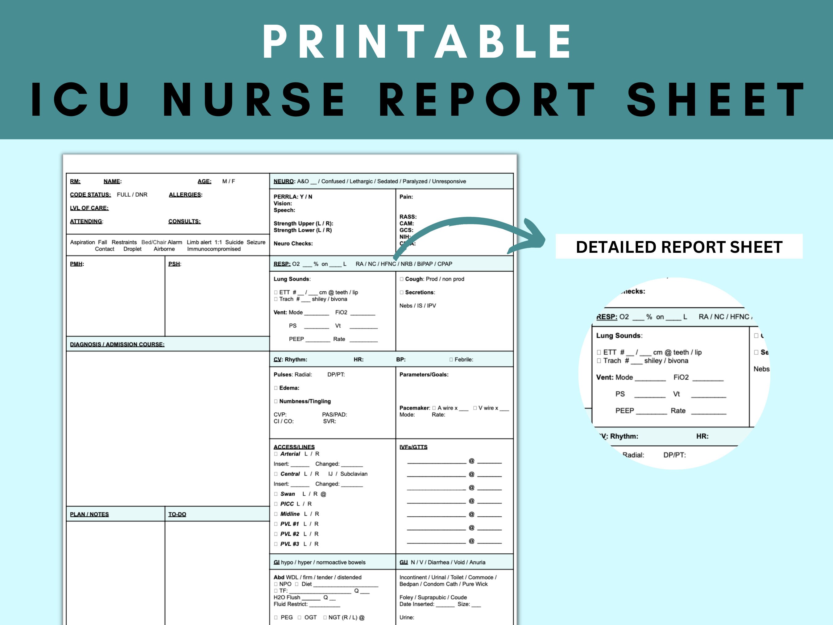 ICU Nurse Report Sheet: Printable Brain Sheet (PDF) - Etsy