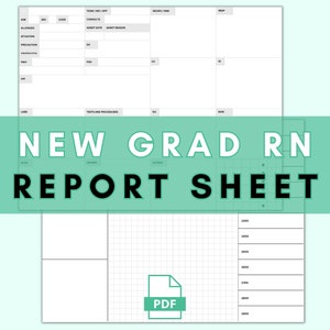 K&ouml;nnte beinhalten: Ein wei&szlig;es Berichtsbogen mit Rastermuster und Textfeldern f&uuml;r medizinische Informationen. Die Worte "NEW GRAD RN REPORT SHEET" sind in gro&szlig;en, fetten Buchstaben dargestellt. Ein PDF-Symbol ist sichtbar.