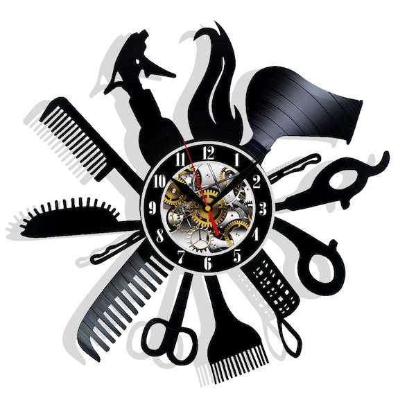 Barbershop Coiffure Salon de Beauté Disque Vinyle Horloge Murale 12" Cadeaux pour Lui Ses Enfants Décor pour Maison Chambre Cuisine Surprise Idées Amis