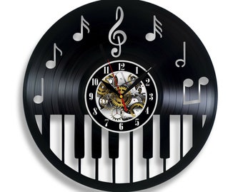 Music Notes Piano Treble Clef Vinyl Record Wall Clock 12" Gifts for Him Her Kids Decor for Home Bedroom Art Surprise Ideas for Best Friends