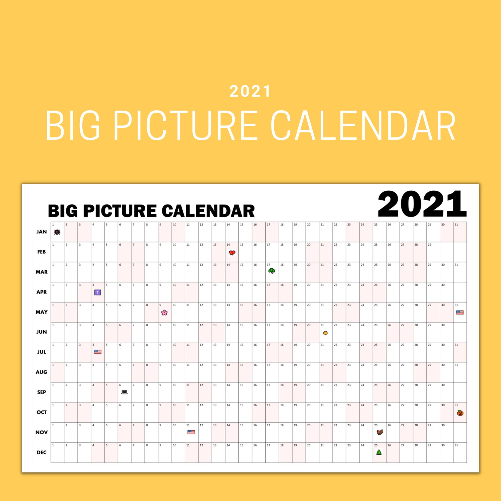 Entire year big picture calendar for 2021 - etsy