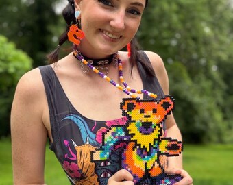 Tie Dye Dancing Bear Rave Perler Necklace | Shrek Rave Perler | Rave Perler | Rave Kandi | Rave Acessories | Kandi |