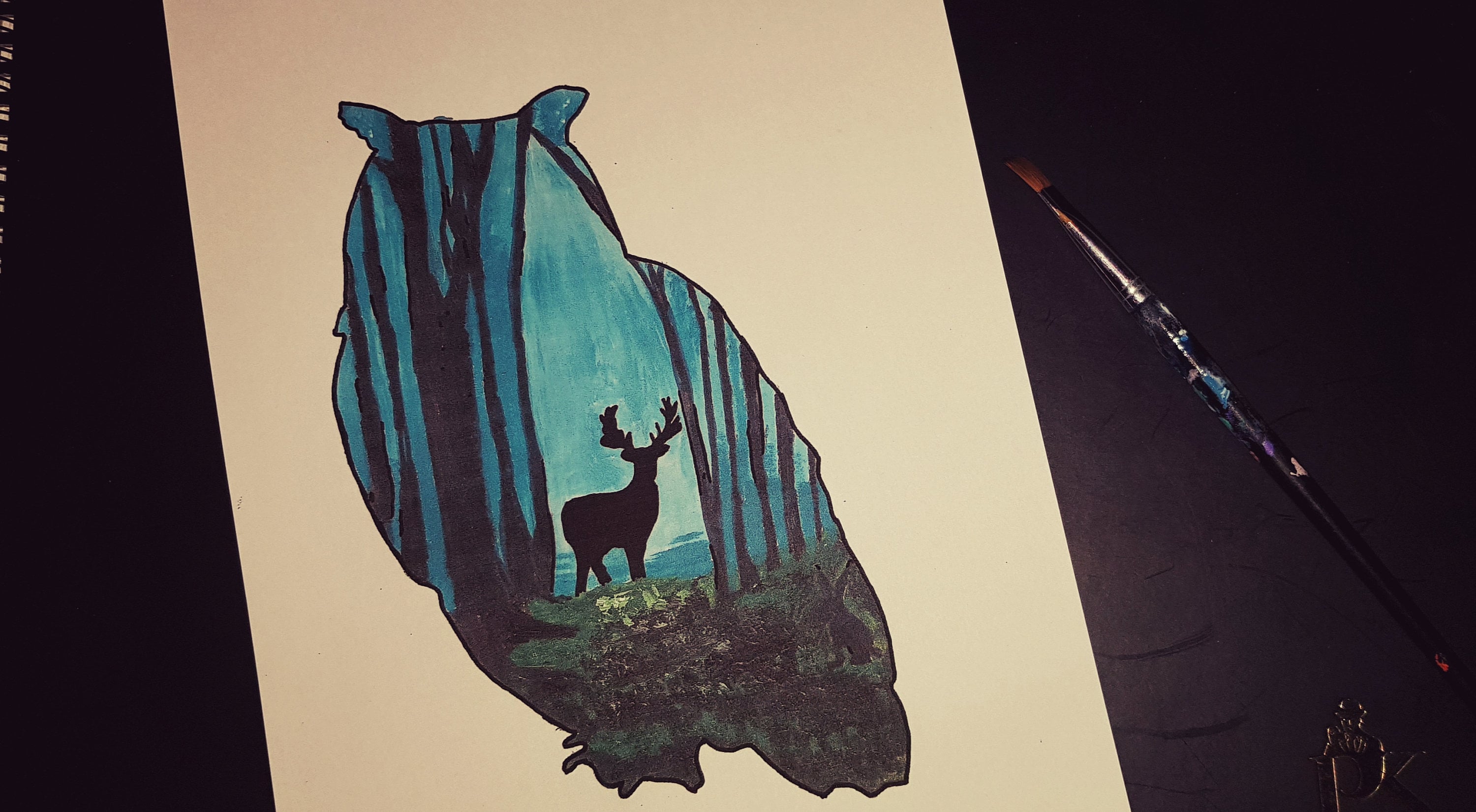 Owl Silhouette Stag in Forest Print