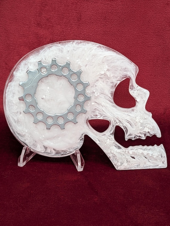 Resin Skull Coaster with Upcycled Bike Sprocket & Stand