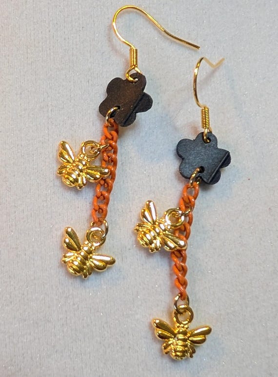 Bee, Bee Mine, Upcycled Bicycle Innertube Dangle Earrings with orange chain, Handmade