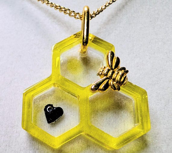 Honeycomb Bee Resin Necklace, Upcycled Innertube Heart, Handmade