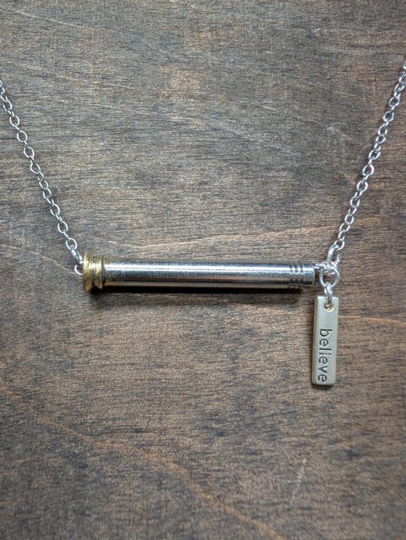 Believe Handmade Brass Upcycled Bicycle Valve Stem Chain Necklace with Blue Beads, perfect for Cyclists, Triathletes and Ironman athletes