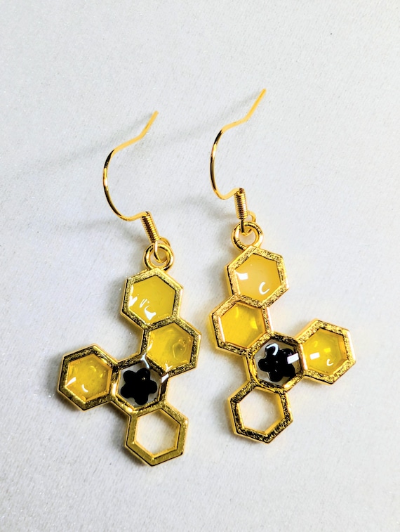 Honeycomb with Bee, Upcycled Bicycle Innertube Resin Dangle Earrings, Handmade