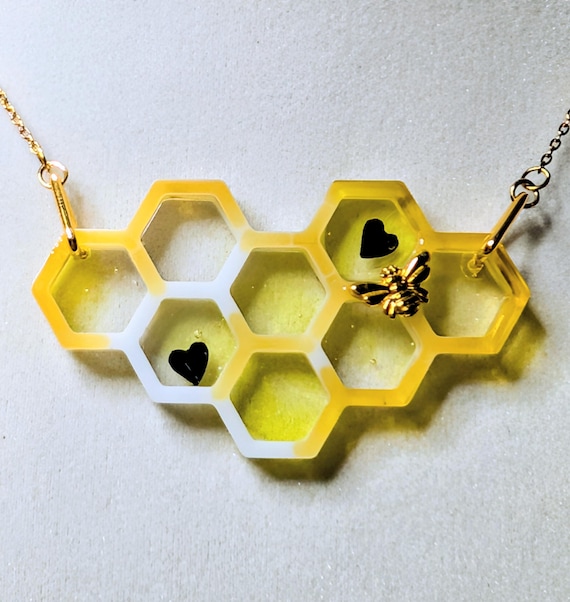 Honeycomb Bee Resin Necklace, Upcycled Innertube, Handmade