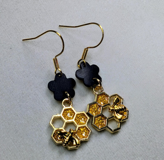 Honeycomb with Bee, Upcycled Bicycle Innertube Dangle Earrings, Handmade