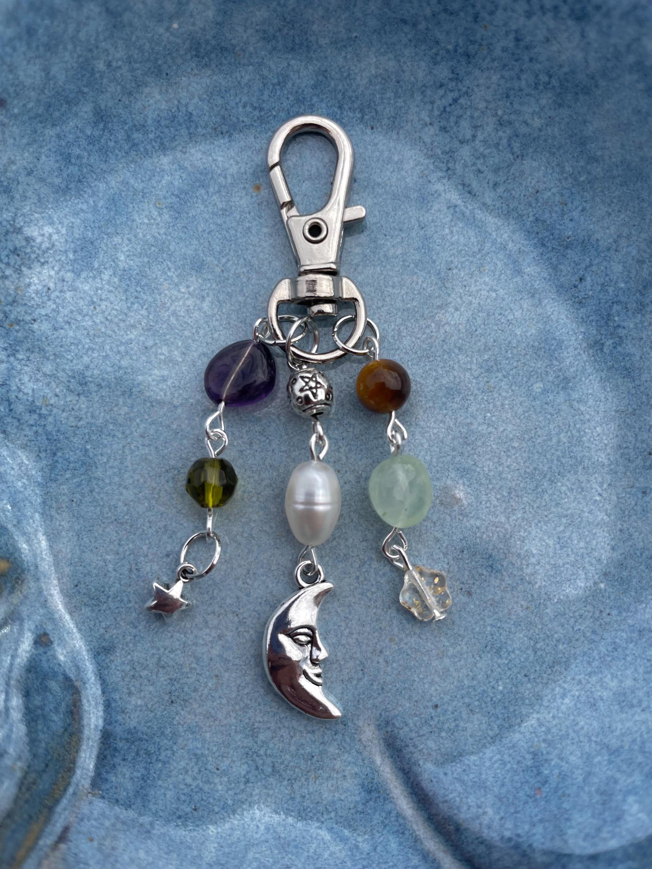 MOON charm KEYRING, handmade keyrings, key rings, semi precious stones, hippie keyrings, hippie accessories,
