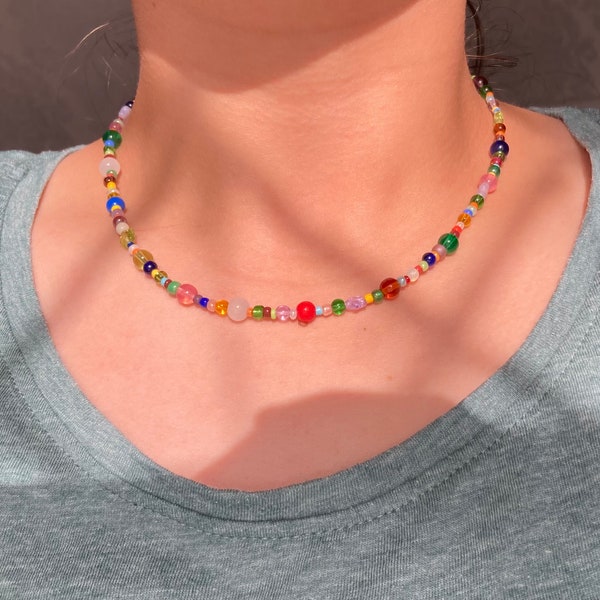 BEADED NECKLACE , rainbow bead necklace, necklace, glass beads, glass bead necklace, handmade jewellery,