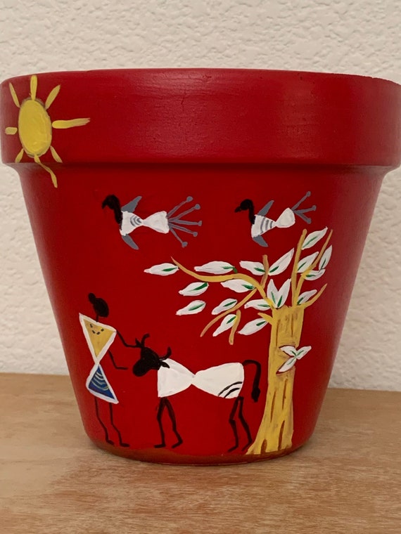 Hand-Painted Terracotta Plant Pot: 6" Farm Art Planter with Drainage