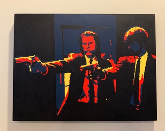 May include: A painting of two men in suits, both holding guns, with a dark blue background. The men are in a silhouette style, with the colors red, yellow, and black.
