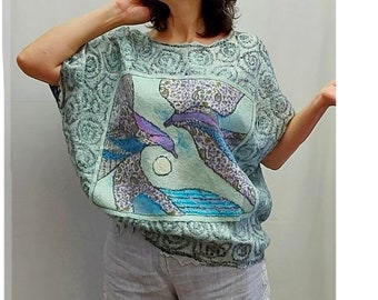 Blusa de fieltro de lana merino y seda natural. Hecha a mano. Suéter ligero con patchwork de seda. Fabricada en Ucrania.