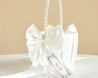 Cesta personalizada para niña de las flores con perlas y cintas de rosas – Accesorio personalizado para la ceremonia de boda