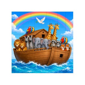 Könnte beinhalten: Eine hölzerne Arche schwimmt auf blauen Meereswellen unter einem hellen Regenbogen. Die Arche trägt Paare von Zeichentricktieren, darunter Löwen, Zebras, Elefanten, Giraffen, Waschbären, Füchse und Papageien, mit einer weißen Taube darüber.