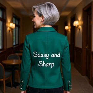 May include: A dark green blazer featuring a structured collar, long sleeves with three metallic buttons on each cuff, and the white embroidered text "Sassy and Sharp" centred on the back panel of the garment.