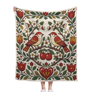 Koc flanelowy z motywem kwiatowym i ludową sztuką „Ptaki i wiśnie”