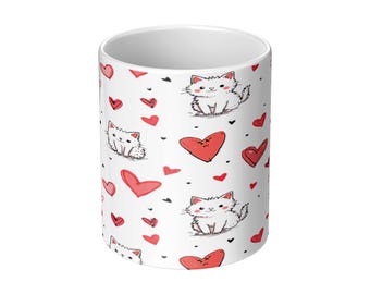 Romantic White Kittens and Red Hearts Doodle Design Ceramic Mug