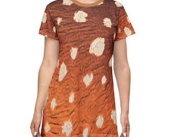 May include: A short-sleeved dress featuring a brown and orange pattern with white accents. The dress has a round, brown neckline and a fitted silhouette. The fabric appears to have a textured design, creating a unique visual appeal. This dress is suitable for casual wear.