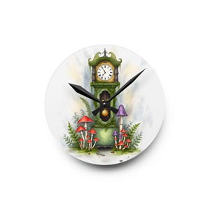 May include: A round wall clock with a whimsical design. The clock face features a green grandfather clock surrounded by red and purple mushrooms, ferns, and a golden pendulum. The clock hands are black.