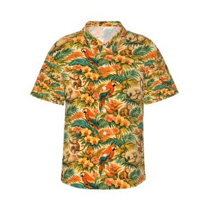 May include: Short-sleeved shirt with a tropical pattern. The design includes parrots, monkeys, and koalas amidst orange flowers and green foliage on a yellow backdrop. It has a classic collar and button fastening.