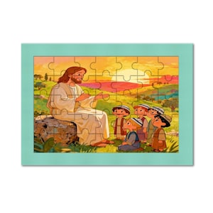 May include: A colourful jigsaw puzzle depicting a religious scene. The puzzle shows a man in white robes seated on a rock, speaking to children. The background shows a sunset over a landscape with trees and hills.