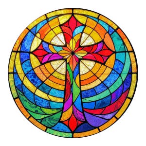 Könnte beinhalten: Rundes Buntglasfenster mit einem Kreuzdesign. Das Kunstwerk verwendet eine lebendige Farbpalette, darunter Rot, Gelb, Blau, Grün und Lila. Das Kreuz ist der Mittelpunkt, umgeben von strahlenförmigen geometrischen Mustern.