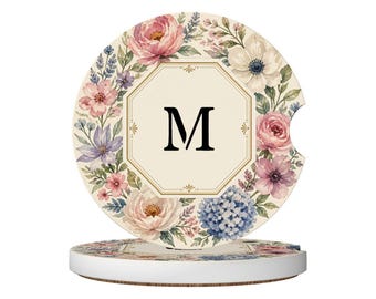 Dessous de verre en céramique personnalisés à motif floral aquarelle – Lot de 2 avec monogramme personnalisé