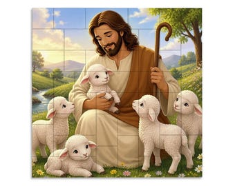 May include: A square wall art piece featuring a bearded figure in a tan robe holding a wooden staff, surrounded by four white lambs in a grassy meadow. The scene includes a river, rolling hills, and a bright sky, presented as a tiled puzzle.