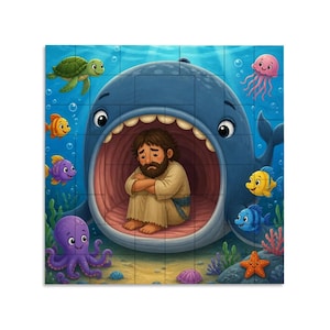Può includere: Un puzzle quadrato raffigurante una grande balena blu con la bocca aperta che contiene una figura barbuta seduta all'interno. La scena è subacquea con una tartaruga verde, una medusa rosa, un polpo e vari pesci colorati intorno.