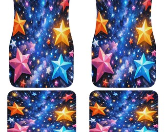 May include: Set of four car floor mats featuring a vibrant celestial design. The mats showcase a deep blue background with a pattern of colorful stars in shades of orange, yellow, pink, and blue, with shooting star accents.