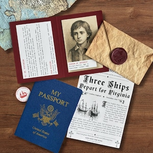 May include: A blue United States passport, a red folder containing a portrait of a person labeled Person of Interest, a tan envelope with a red wax seal, and a printed document titled Three Ships Depart for Virginia with historical text.