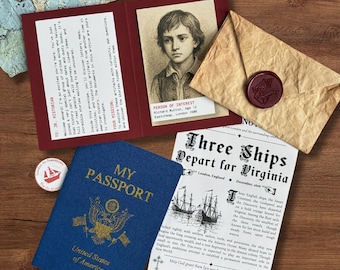 May include: A blue United States passport, a red folder containing a portrait of a person labelled Person of Interest, a tan envelope with a red wax seal, and a printed document titled Three Ships Depart for Virginia with historical text.