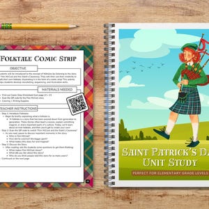 May include: A colorful comic strip unit study for elementary school students about Saint Patrick's Day. The cover features a cartoon illustration of a person playing a bagpipe in a green kilt.