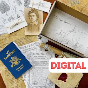 May include: An assortment of historical themed items, including a passport, a portrait, and a box with a ship illustration labeled "The Mayflower." Various documents and a scroll are also present, with the word "DIGITAL" in a red rectangle.