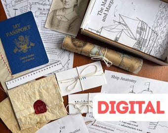 May include: A collection of historical-themed items, including a blue passport, a portrait, a map scroll, and various printed documents. The word "DIGITAL" is displayed in red. The items are arranged on a wooden surface.