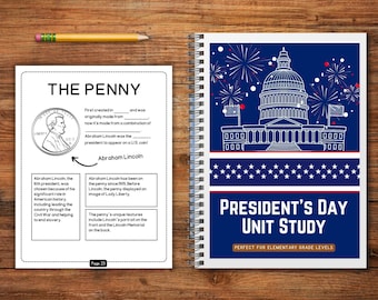 May include: A black and white illustration of a penny with Abraham Lincoln's portrait on it. The text "THE PENNY" is at the top of the page. The text "PRESIDENT'S DAY UNIT STUDY" is at the bottom of the page with the text "PERFECT FOR ELEMENTARY GRADE LEVELS" below it.