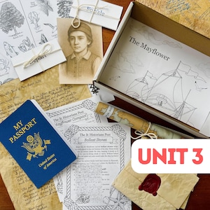 May include: An open cardboard box with a drawing of the Mayflower ship, surrounded by historical documents, a passport, a portrait, and a rolled map. The words "UNIT 3" are visible on a red and white label.