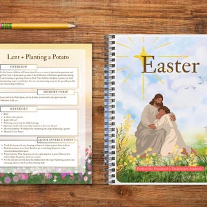 Pode incluir: Um livreto imprimível com uma ilustração colorida de Jesus e uma criança na capa. O livreto é intitulado "Easter" e é descrito como "Perfeito para alunos do jardim de infância e do ensino fundamental".