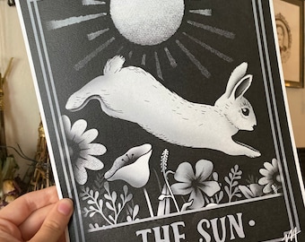 The Sun Tarot Card Print | Witchy Summer Solstice Artwork | Mystical Astrology Gift | Ostara Bunny Rabbit Print