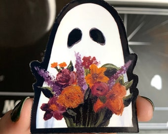 Floral Ghost Waterproof Sticker | Spooky Cute Art | Gothic Witch Decor | Spooky Spring Cottagecore Art | Water bottle, laptop, phone