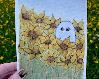 Sunflower Ghost Watercolor Art Print | Witchy Spring Ostara Artwork | Spooky Cute Cottagecore Gifts